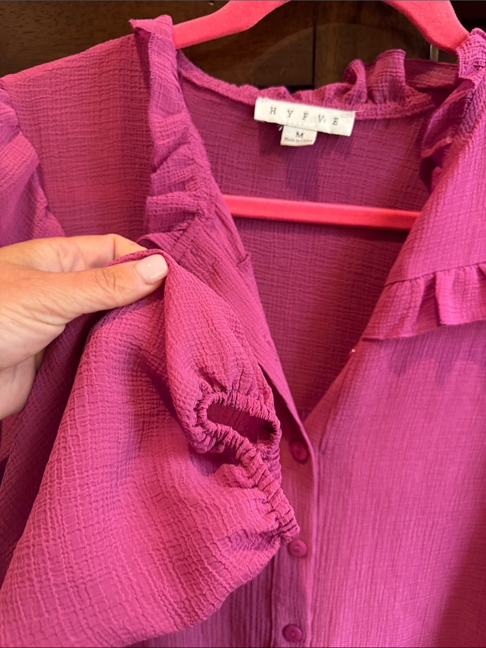 HYFVE Pink Ruffle Button-Front Blouse - Picture 3 of 4